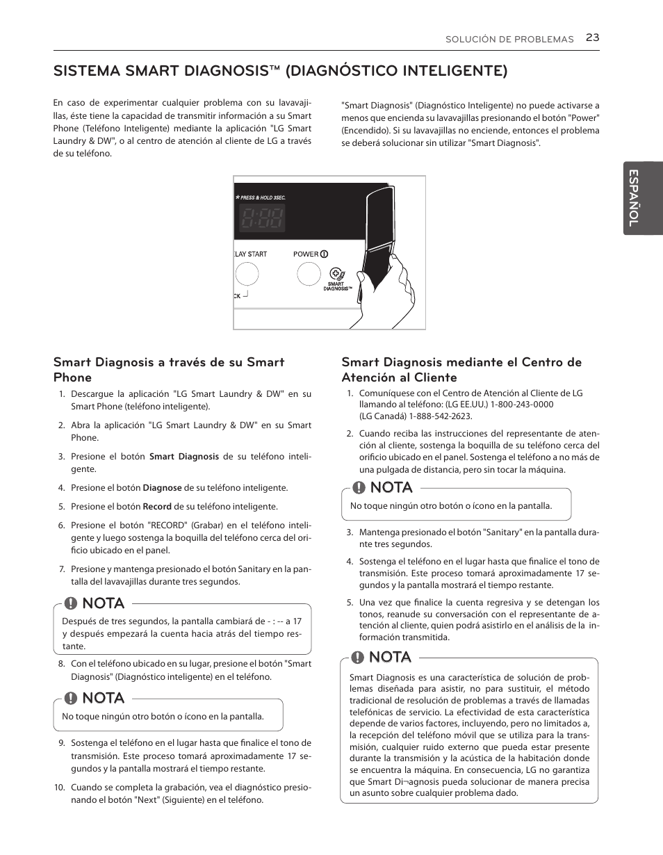Nota, Sistema smart diagnosis™ (diagnóstico inteligente), Smart diagnosis a través de su smart phone | LG LDS5540WW User Manual | Page 49 / 80