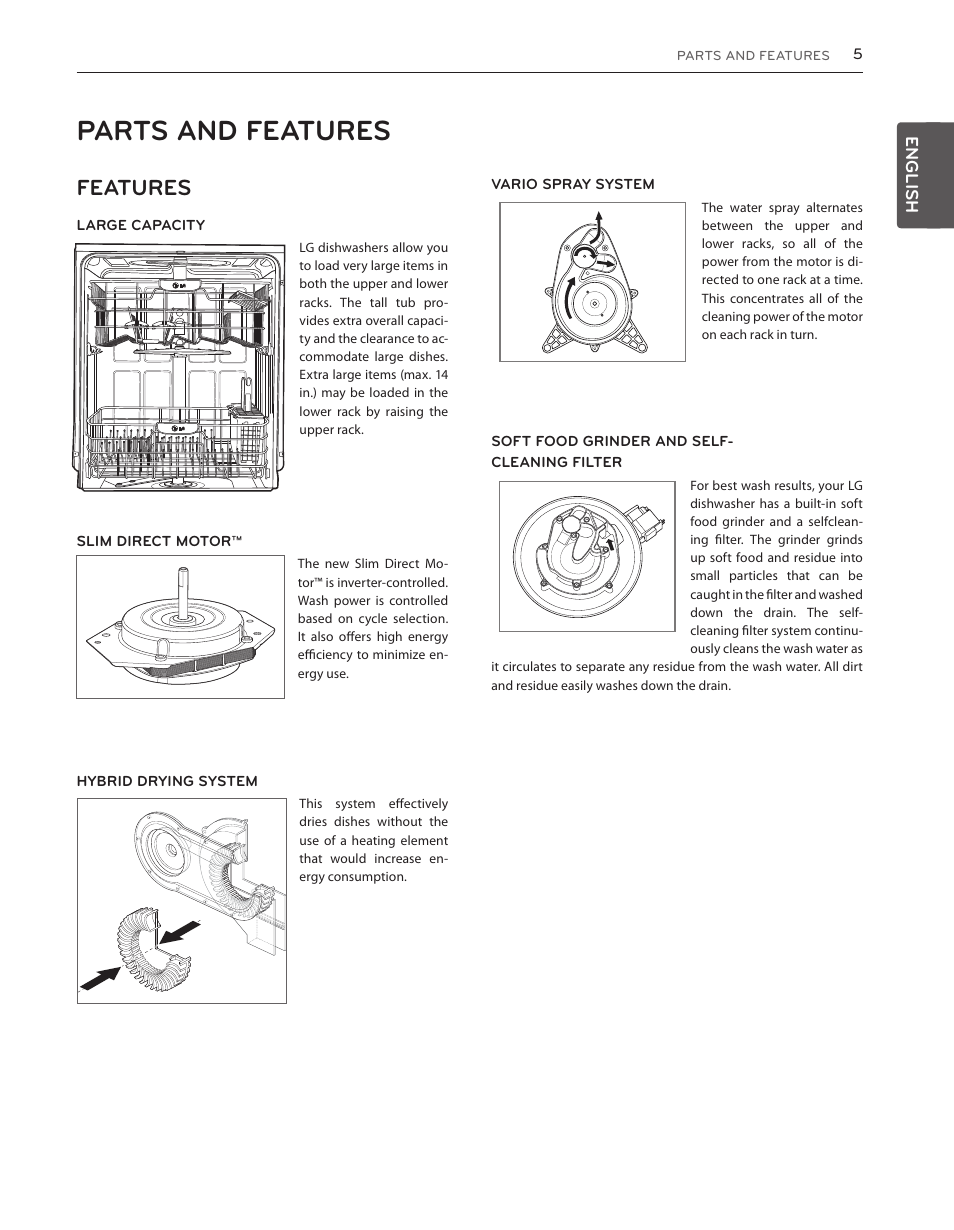 Parts and features, Features | LG LDS5540WW User Manual | Page 5 / 80