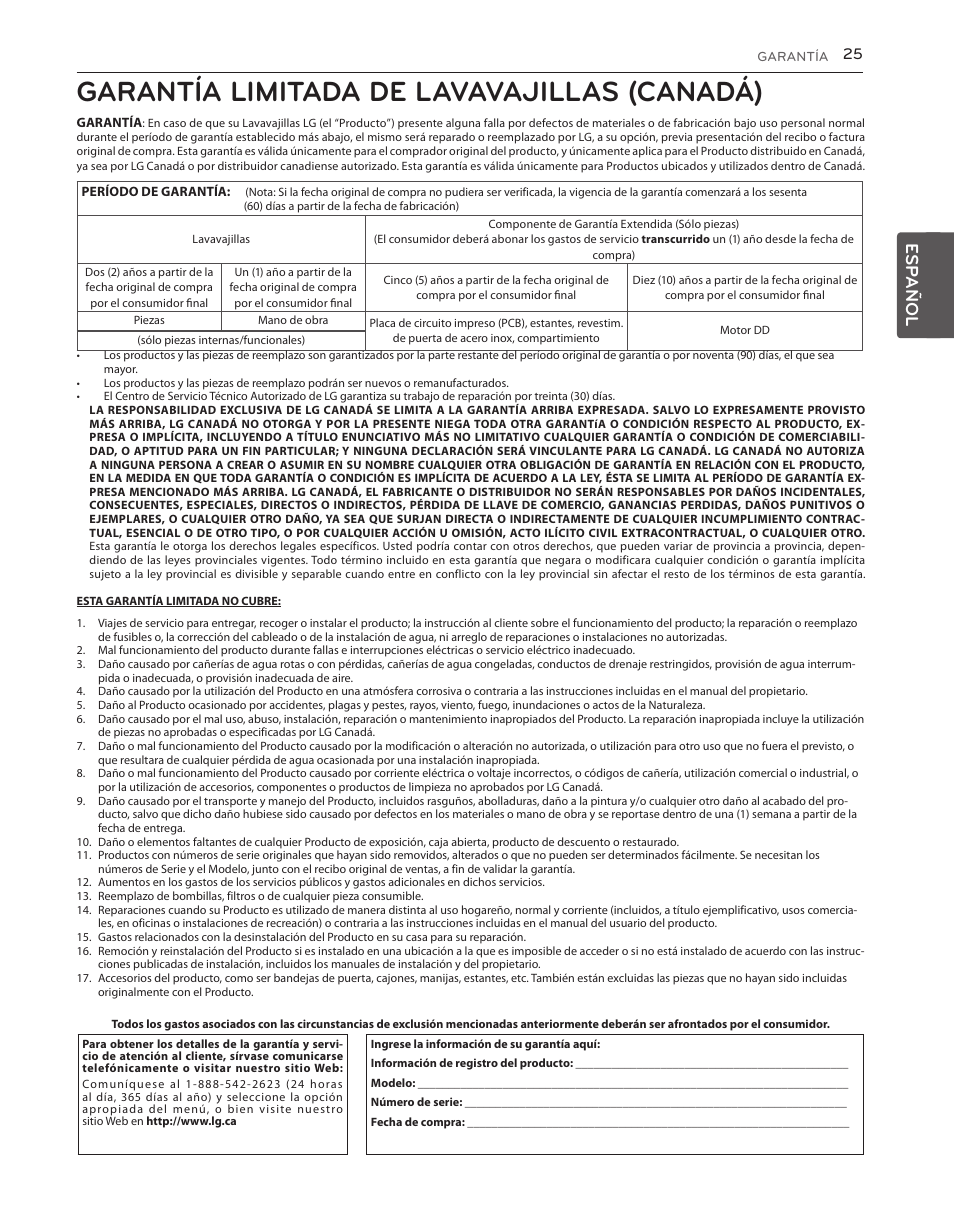 Garantía limitada de lavavajillas (canadá), Esp añol | LG LDS5540WW User Manual | Page 51 / 80