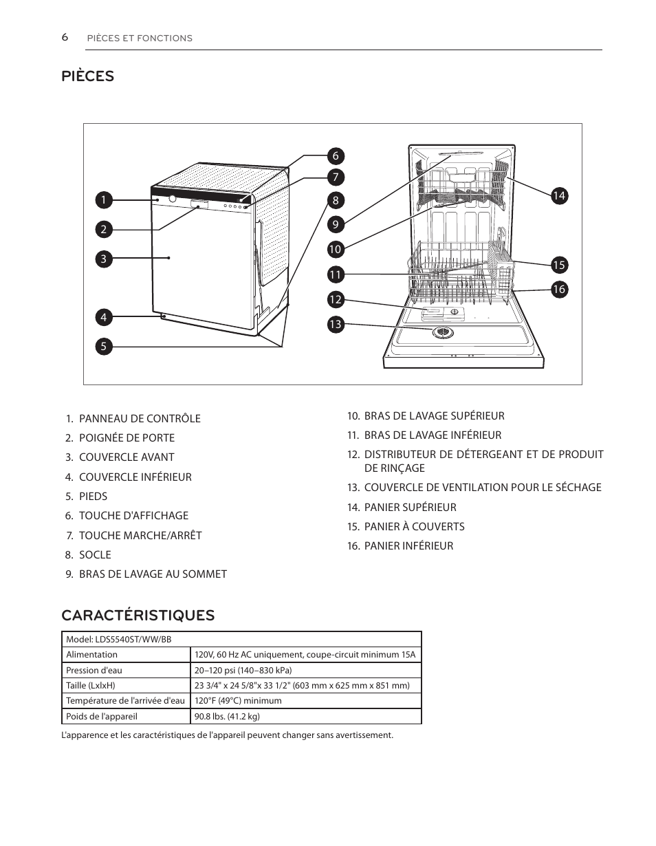 Pièces, Caractéristiques | LG LDS5540WW User Manual | Page 58 / 80