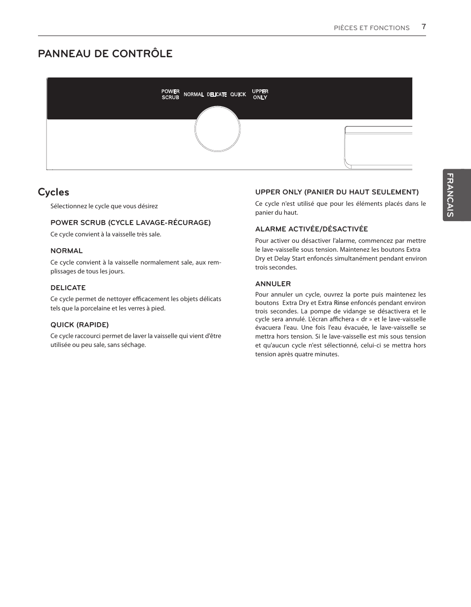 Panneau de contrôle cycles, Francais | LG LDS5540WW User Manual | Page 59 / 80