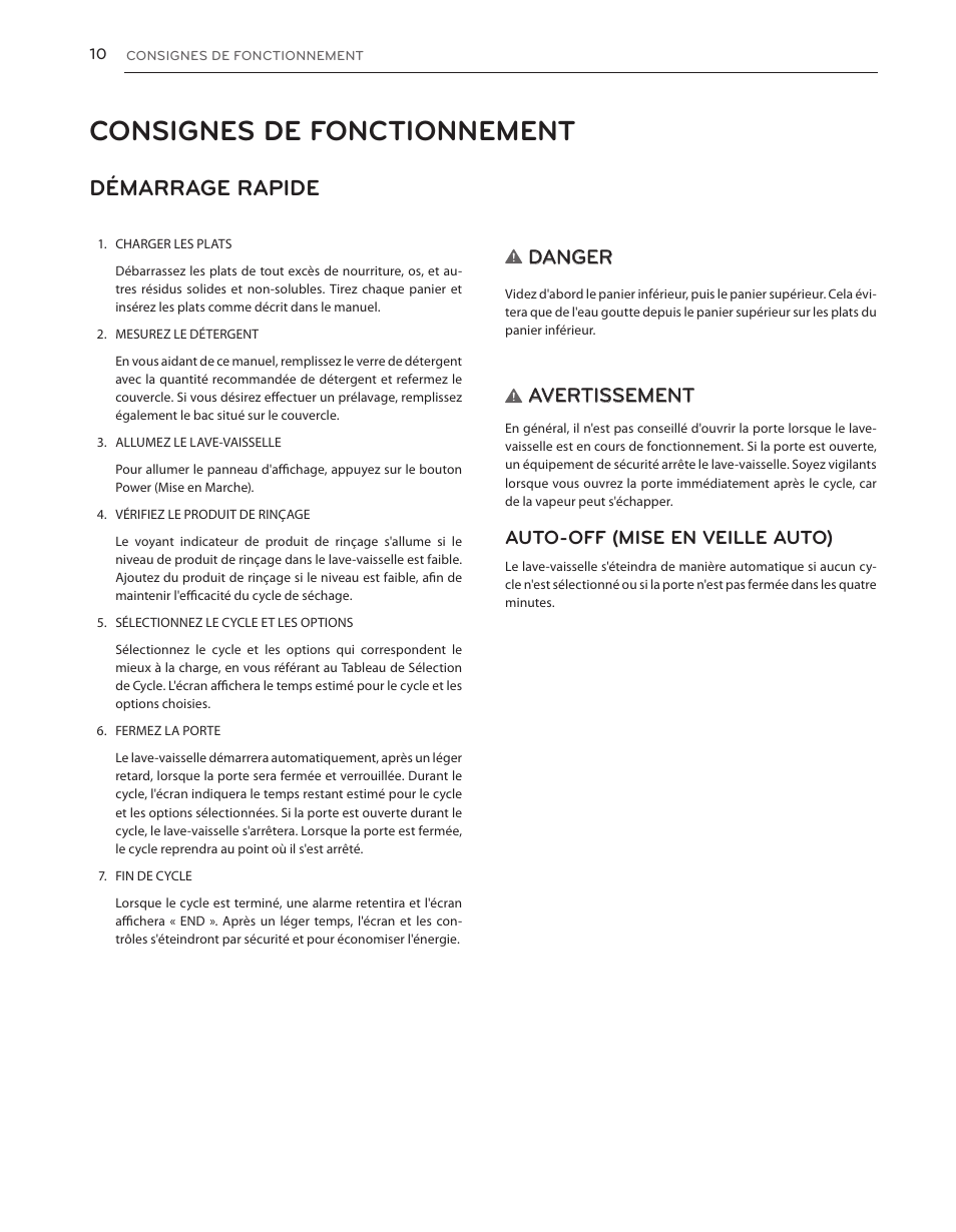 Consignes de fonctionnement, Démarrage rapide, Danger | Avertissement, Auto-off (mise en veille auto) | LG LDS5540WW User Manual | Page 62 / 80