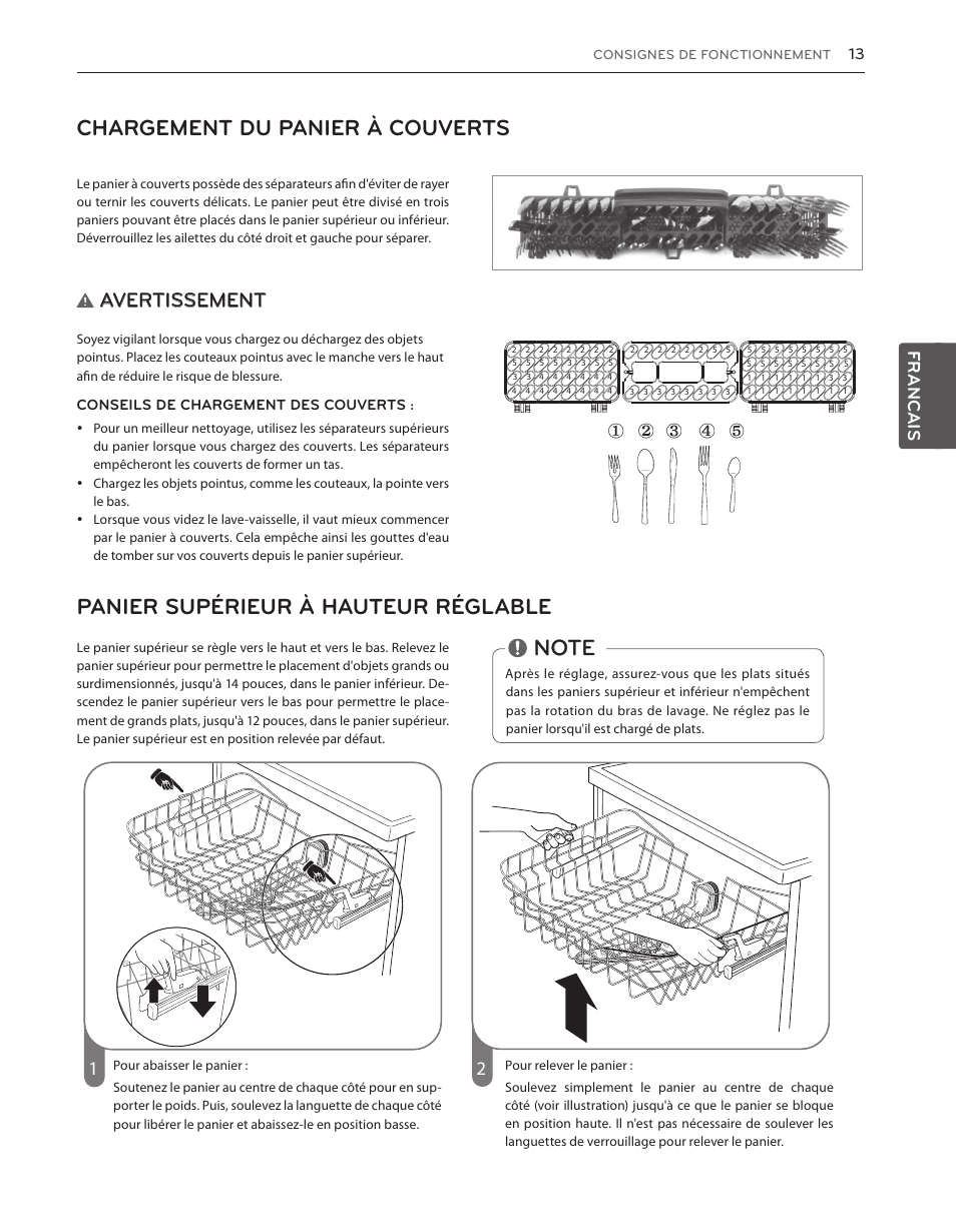 Chargement du panier à couverts, Panier supérieur à hauteur réglable, Avertissement | Francais | LG LDS5540WW User Manual | Page 65 / 80