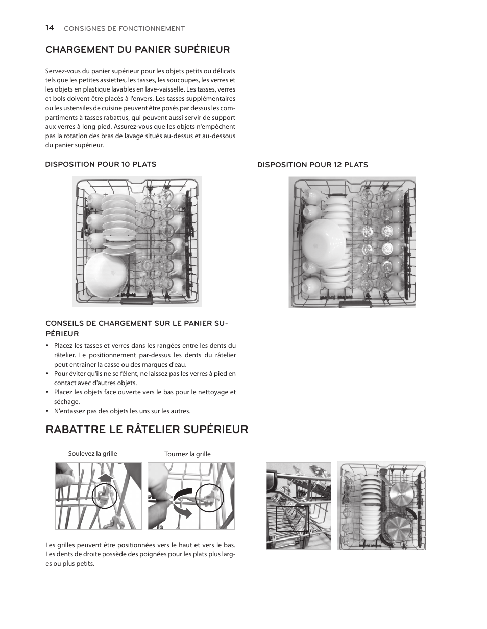 Rabattre le râtelier supérieur, Chargement du panier supérieur | LG LDS5540WW User Manual | Page 66 / 80