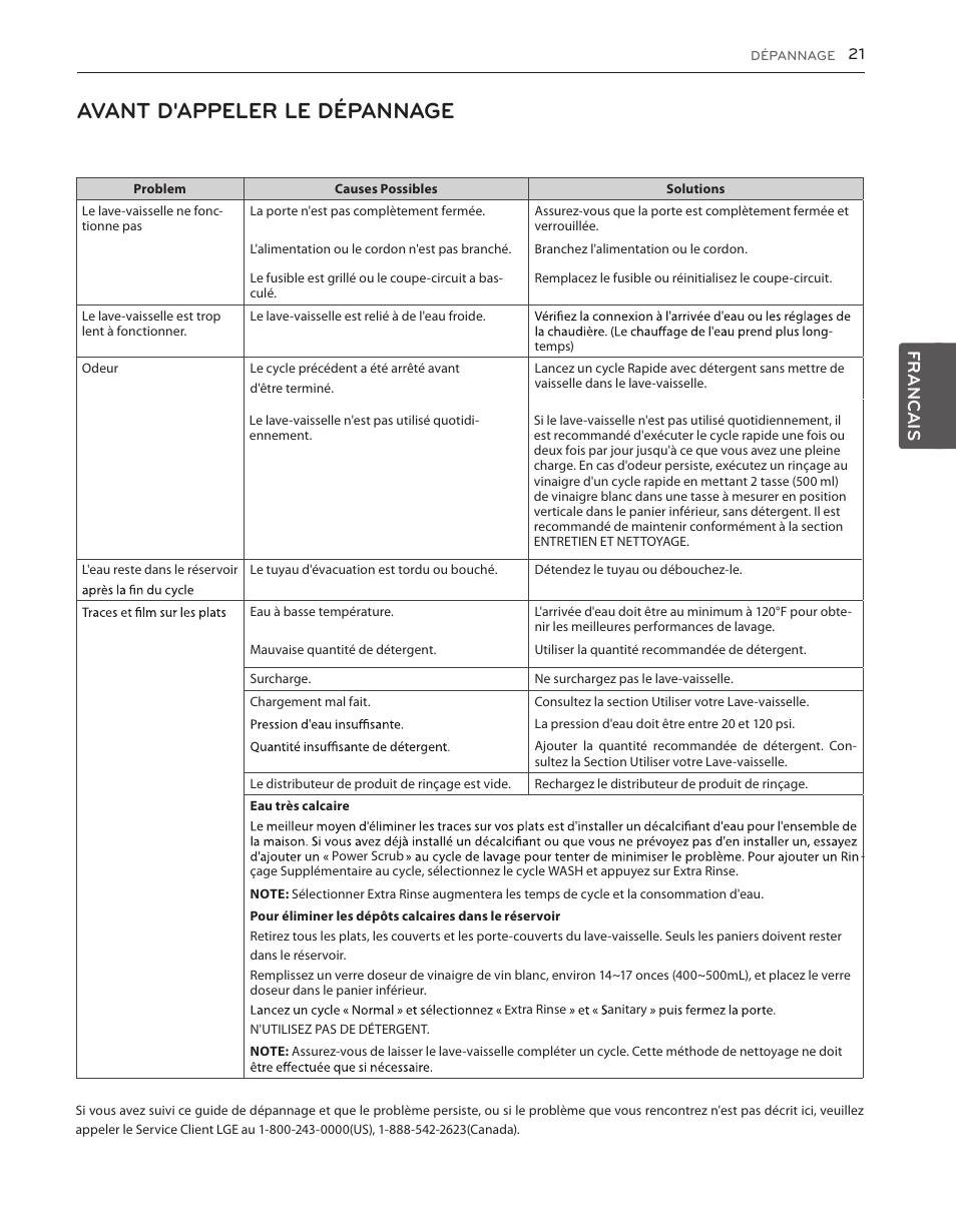 Avant d'appeler le dépannage, Francais | LG LDS5540WW User Manual | Page 73 / 80
