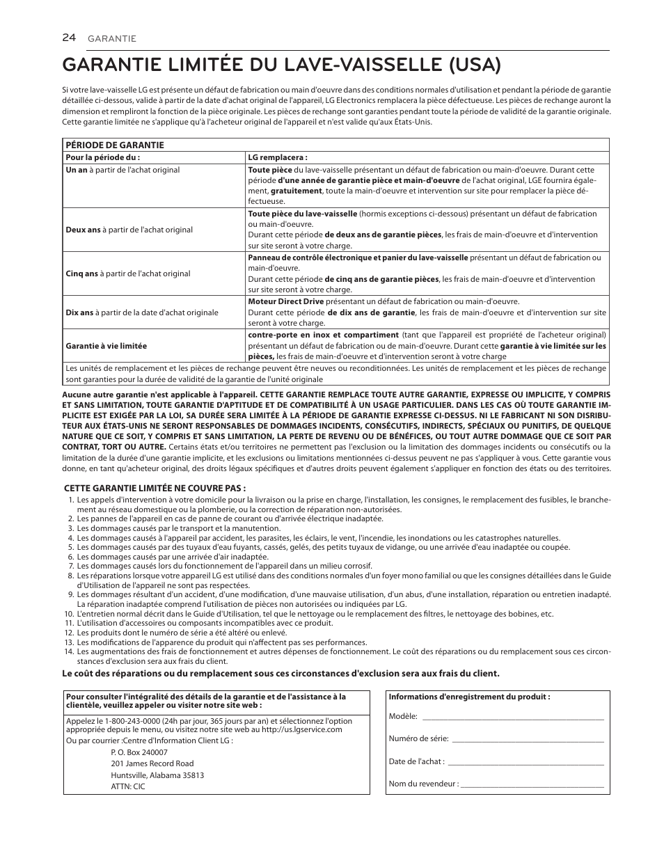 Garantie limitée du lave-vaisselle (usa) | LG LDS5540WW User Manual | Page 76 / 80