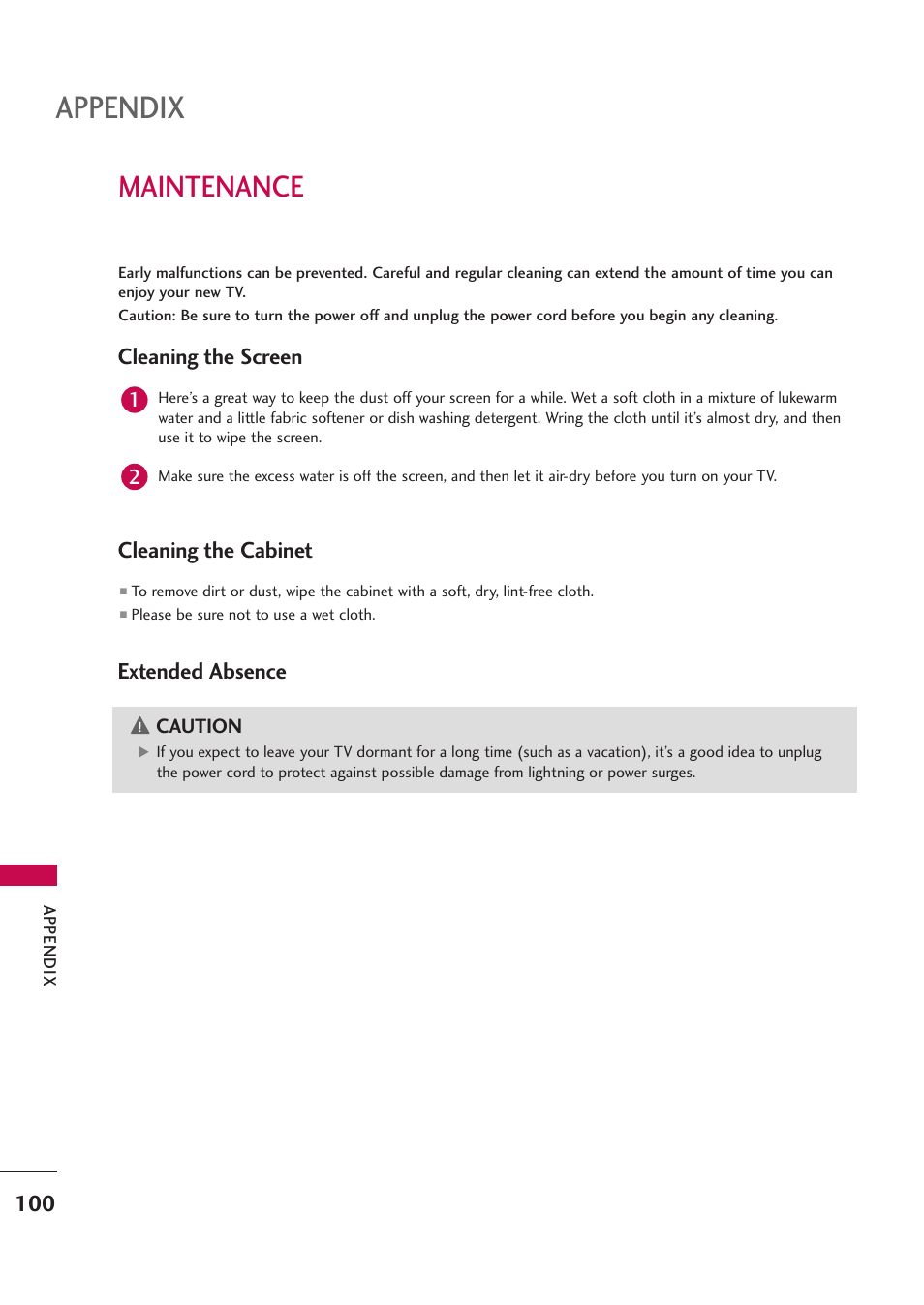 Maintenance, Appendix, Cleaning the screen | Cleaning the cabinet, Extended absence | LG 42PB4D User Manual | Page 102 / 132