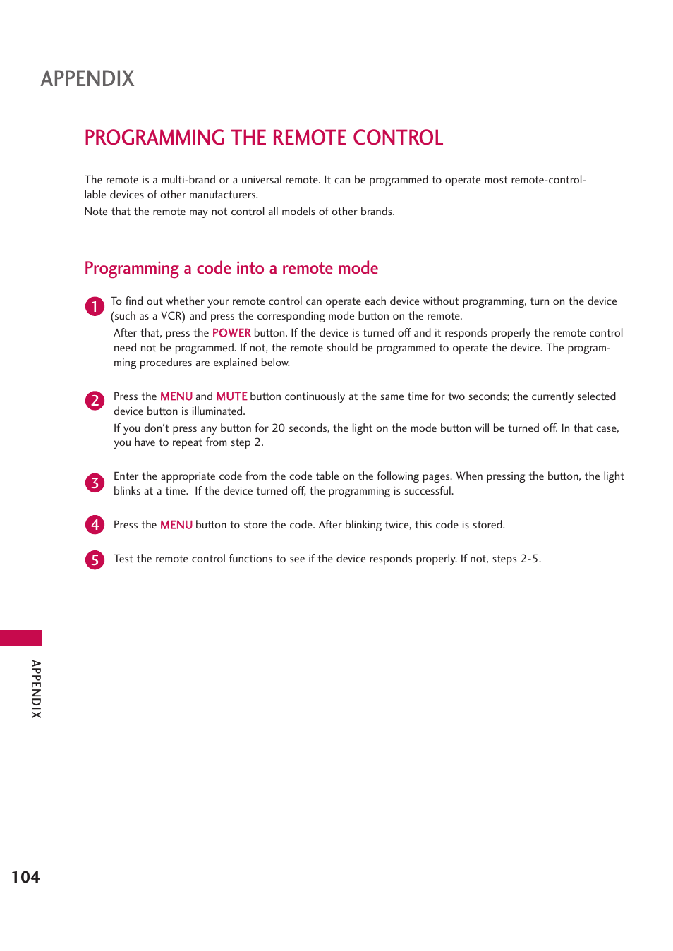 Programming the remote control, Appendix, Programming a code into a remote mode | LG 42PB4D User Manual | Page 106 / 132