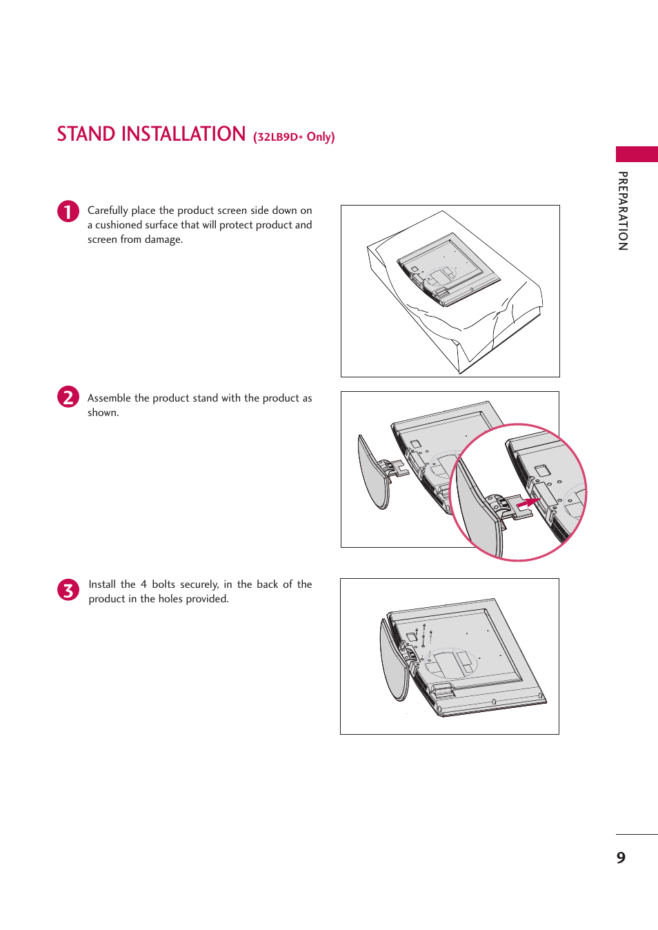Stand installation (32lb9d* only), Stand installation | LG 42PB4D User Manual | Page 11 / 132