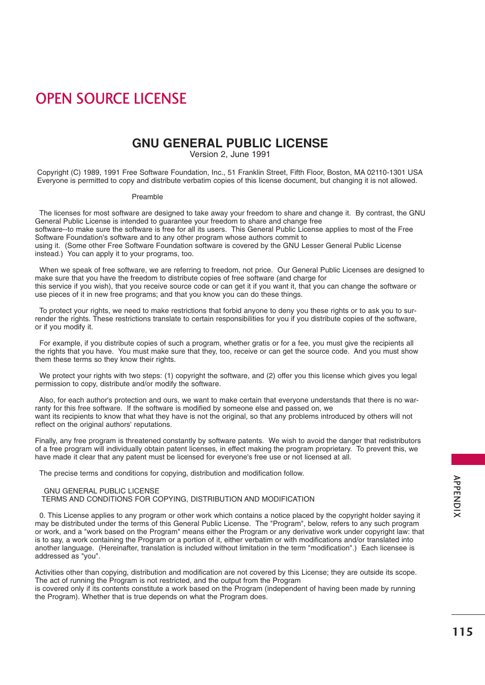 Open source license, Gnu general public license | LG 42PB4D User Manual | Page 117 / 132