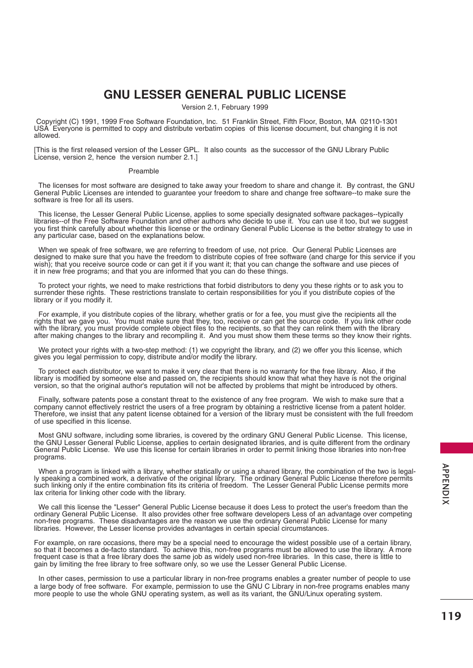Gnu lesser general public license, 119 gnu lesser general public license, Appendix | LG 42PB4D User Manual | Page 121 / 132