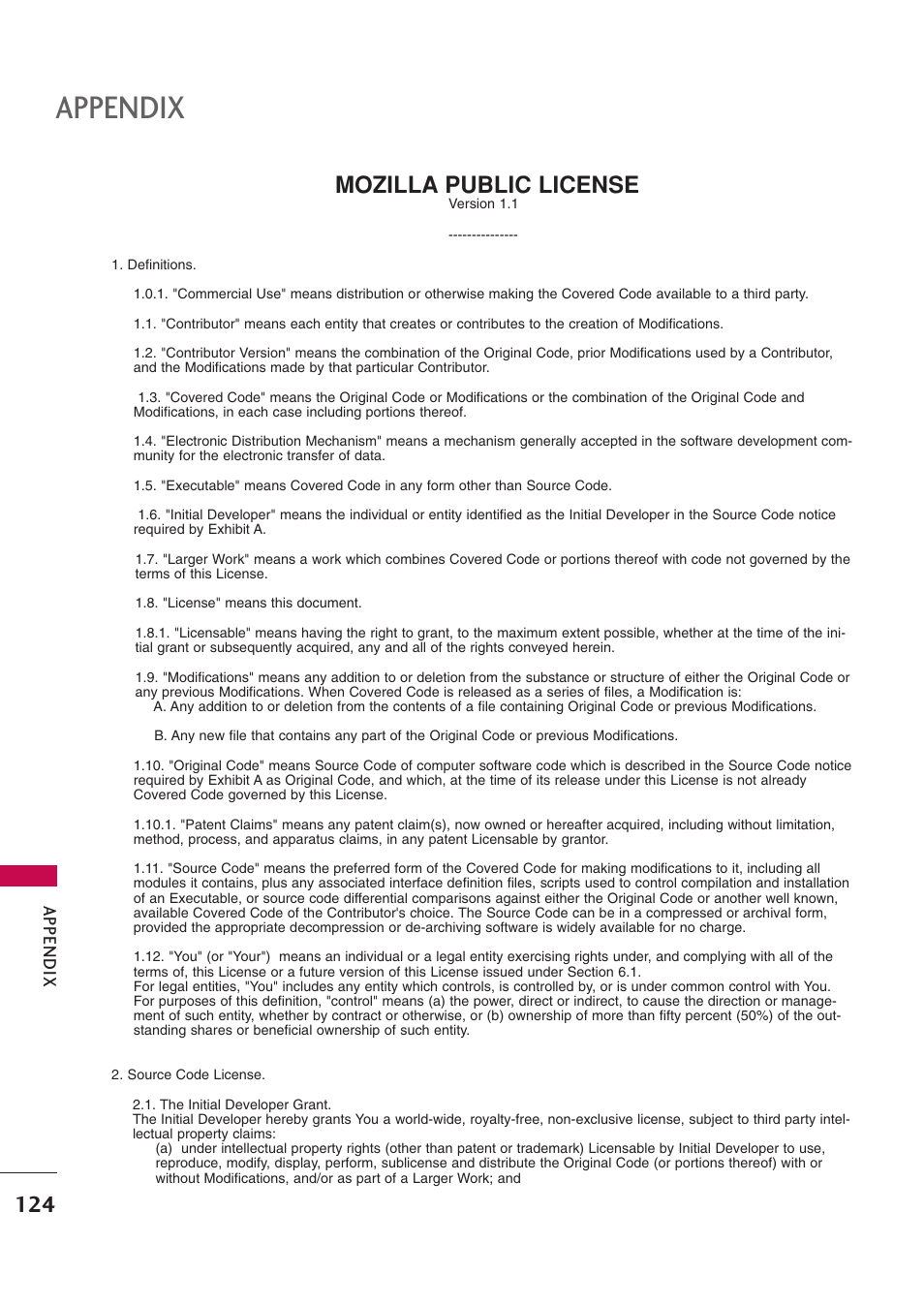 Mozilla public license, Appendix | LG 42PB4D User Manual | Page 126 / 132