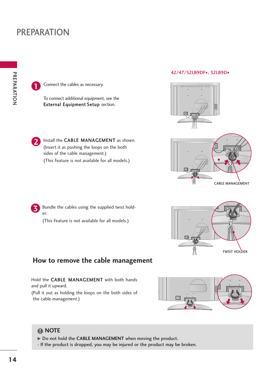 Desktop pedestal installation, Preparation, How to remove the cable management | LG 42PB4D User Manual | Page 16 / 132