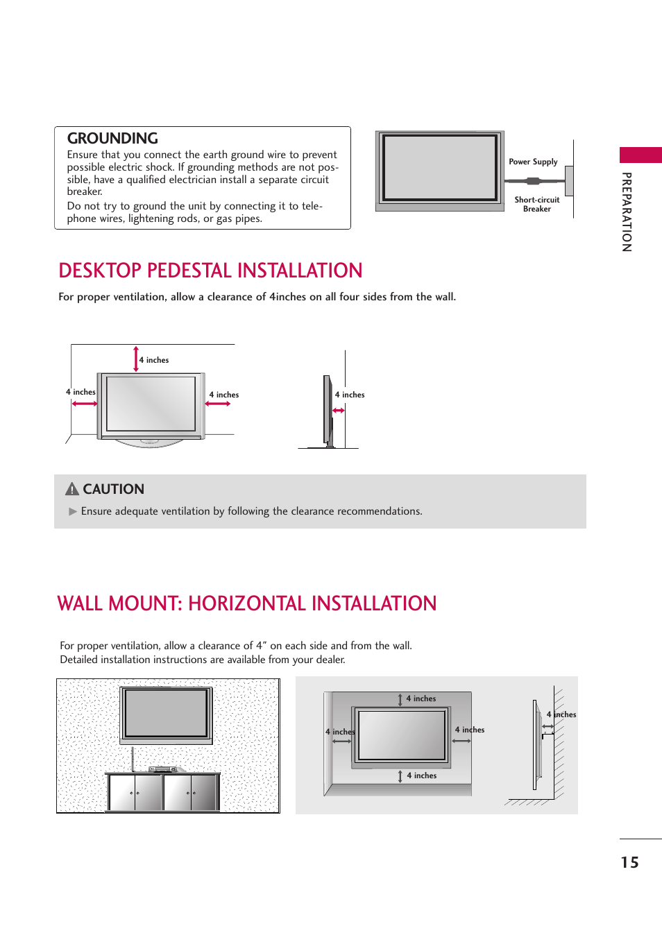 Wall mount: horizontal installation, Desktop pedestal installation, Grounding | Caution | LG 42PB4D User Manual | Page 17 / 132