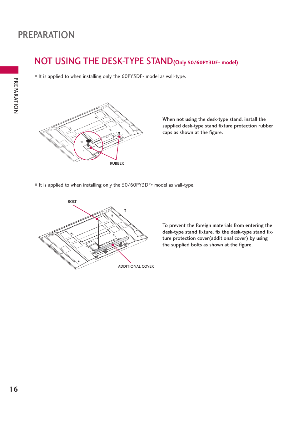 Preparation, Not using the desk-type stand | LG 42PB4D User Manual | Page 18 / 132