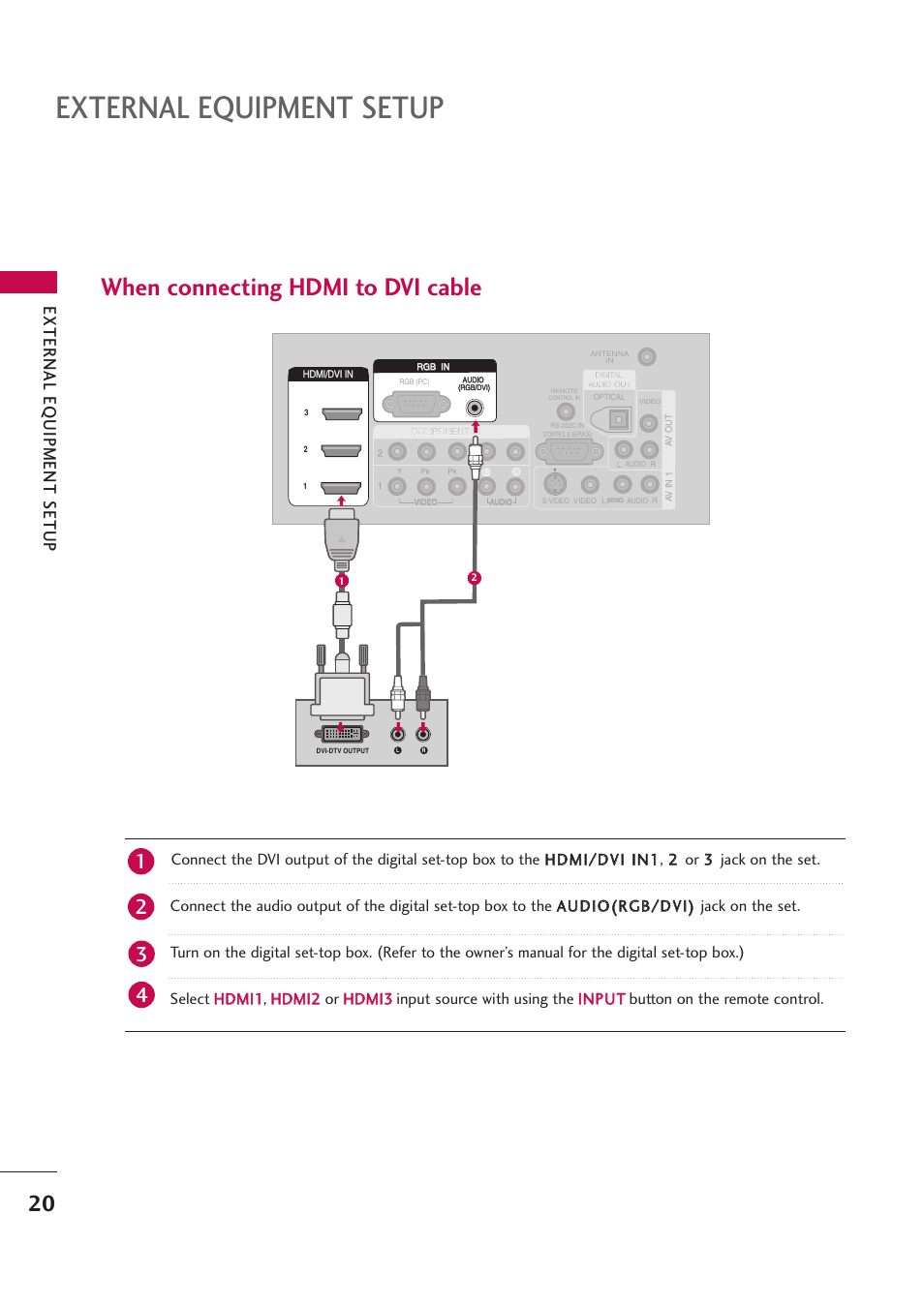 External equipment setup, When connecting hdmi to dvi cable, External eq uipment setup | Rgb in, Component in | LG 42PB4D User Manual | Page 22 / 132