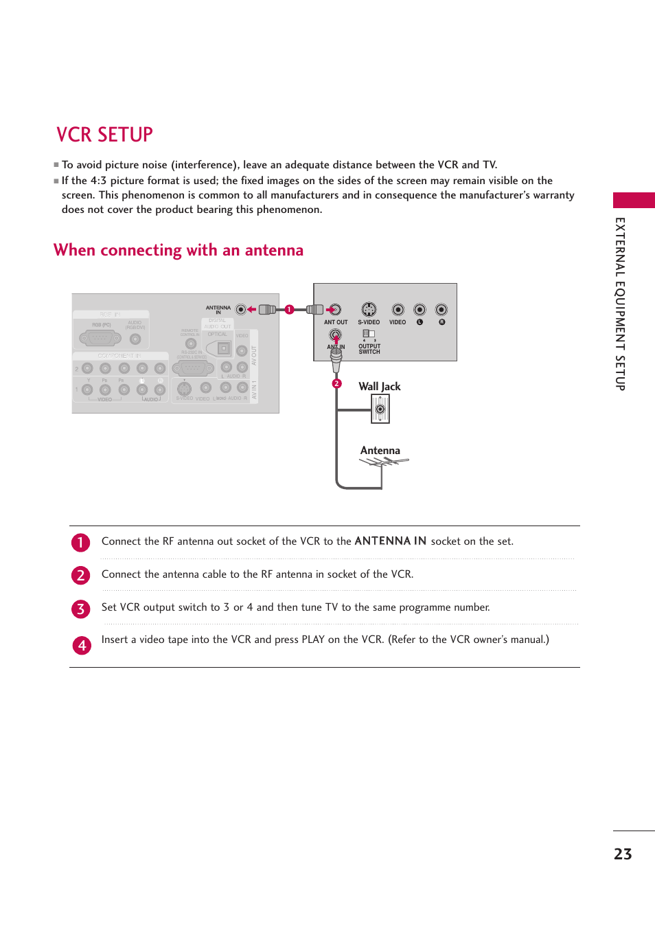 Vcr setup, When connecting with an antenna, External eq uipment setup | Wall jack antenna | LG 42PB4D User Manual | Page 25 / 132