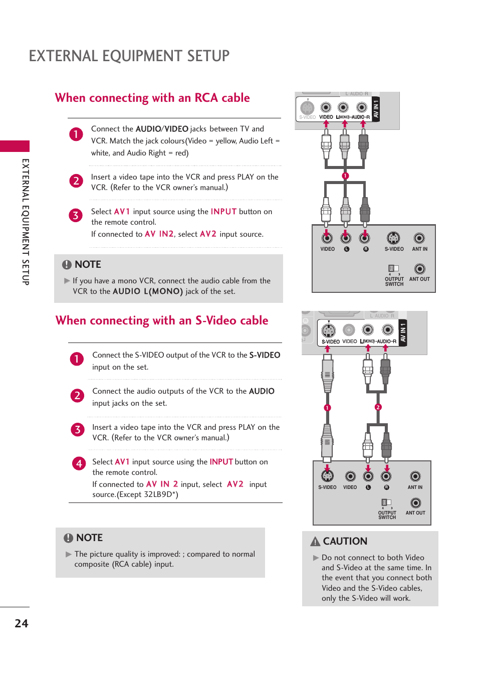 External equipment setup, When connecting with an rca cable, When connecting with an s-video cable | Caution, External eq uipment setup | LG 42PB4D User Manual | Page 26 / 132