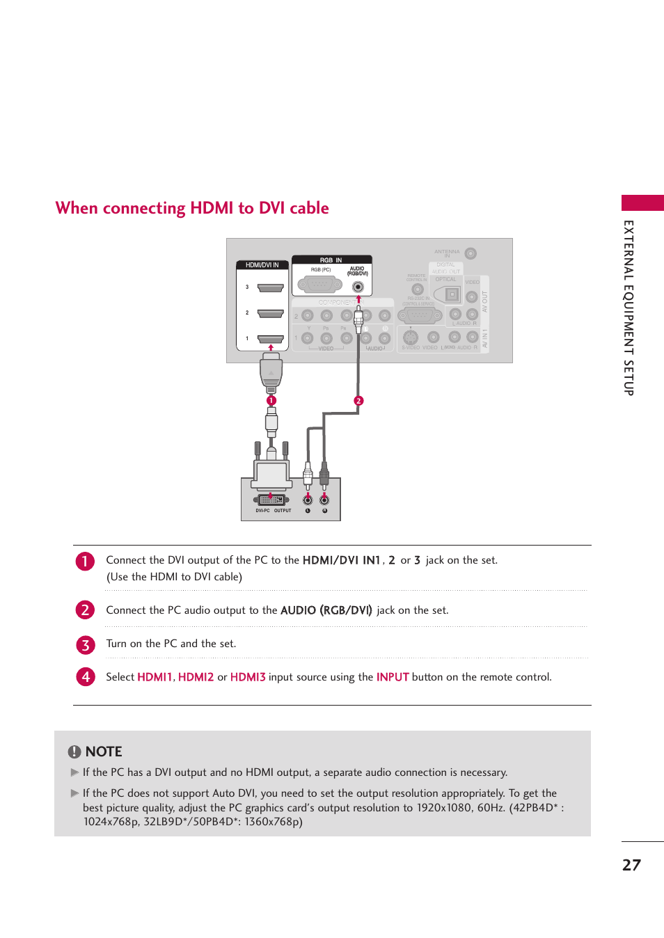 When connecting hdmi to dvi cable, External eq uipment setup | LG 42PB4D User Manual | Page 29 / 132