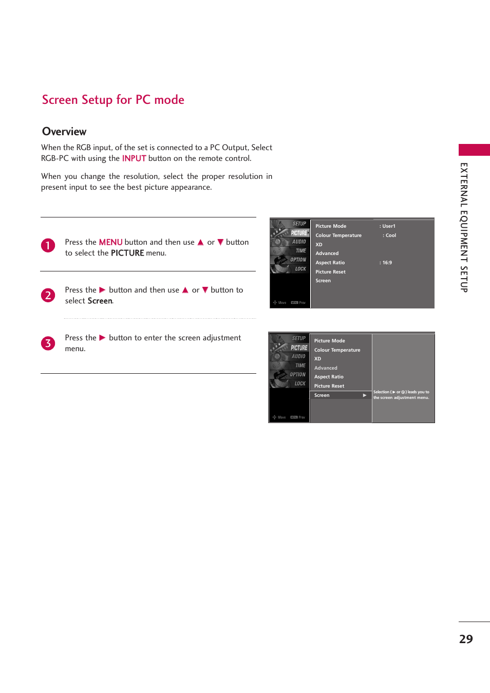 Screen setup for pc mode, Overview, External eq uipment setup | LG 42PB4D User Manual | Page 31 / 132