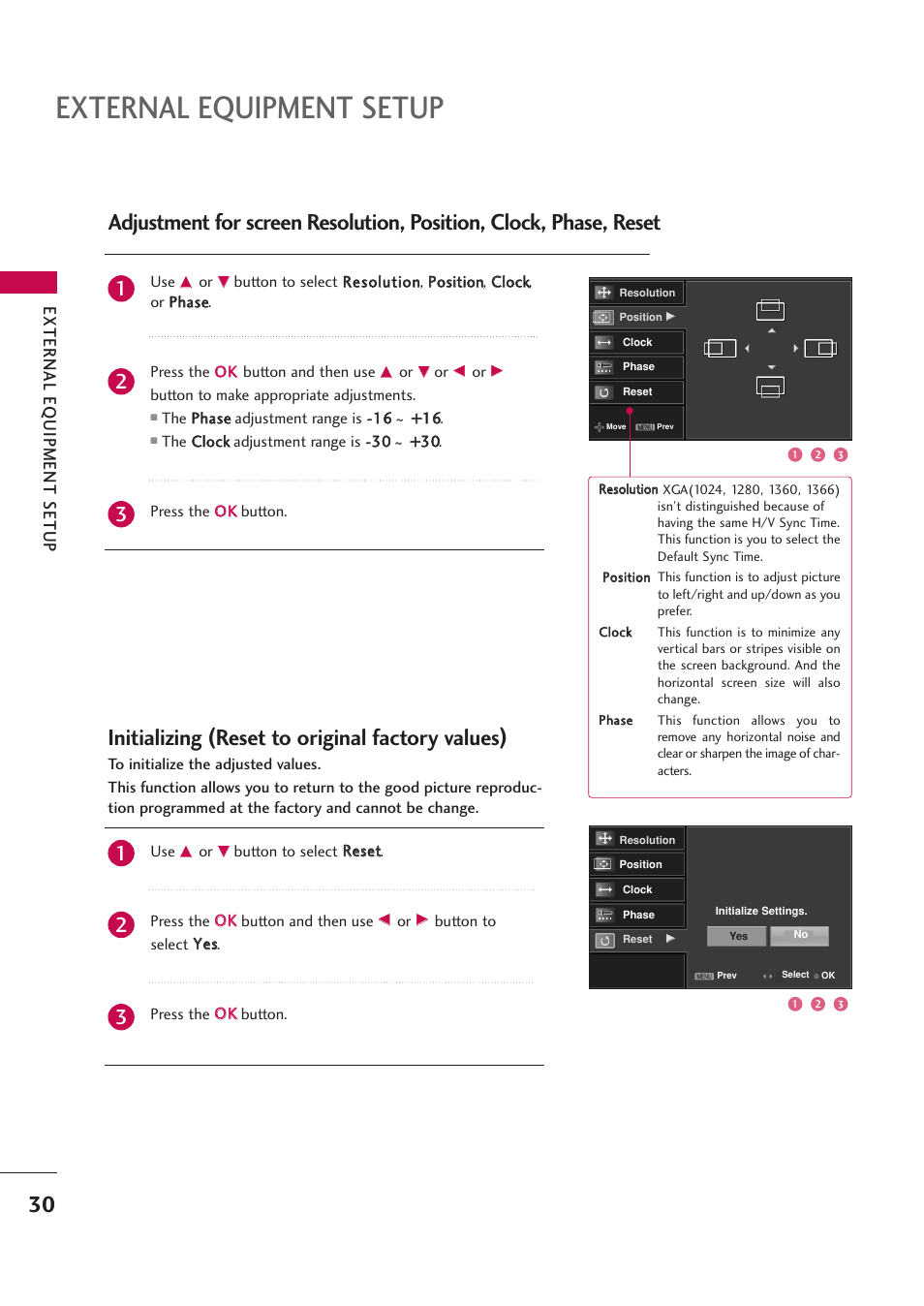 External equipment setup, Initializing (reset to original factory values), External eq uipment setup | LG 42PB4D User Manual | Page 32 / 132