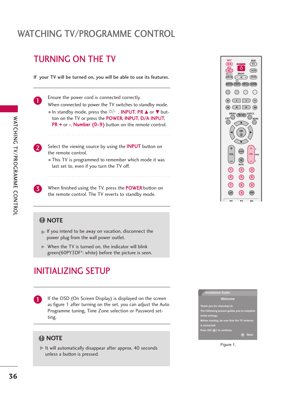 Turning on the tv, Initializing setup, Watching tv/programme control | Wa tching tv/pr ogr amme contr ol | LG 42PB4D User Manual | Page 38 / 132