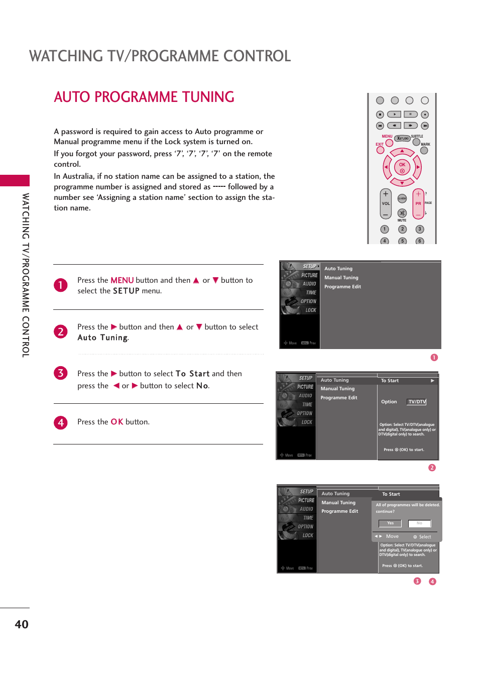 Auto programme tuning, Watching tv/programme control, Wa tching tv/pr ogr amme contr ol | LG 42PB4D User Manual | Page 42 / 132