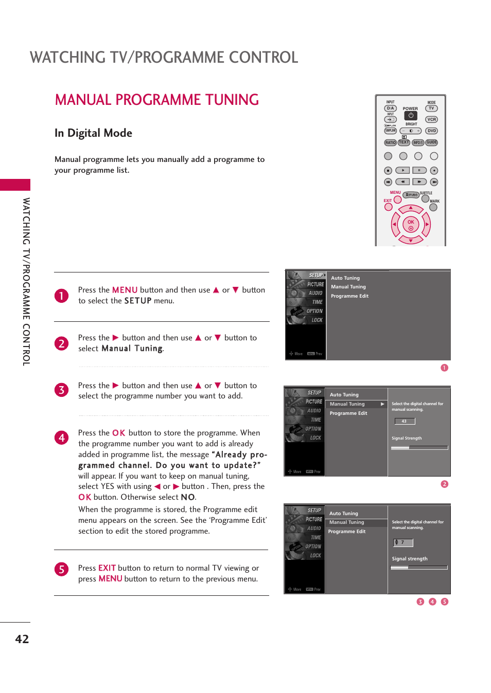 Manual programme tuning, Watching tv/programme control, Wa tching tv/pr ogr amme contr ol | LG 42PB4D User Manual | Page 44 / 132