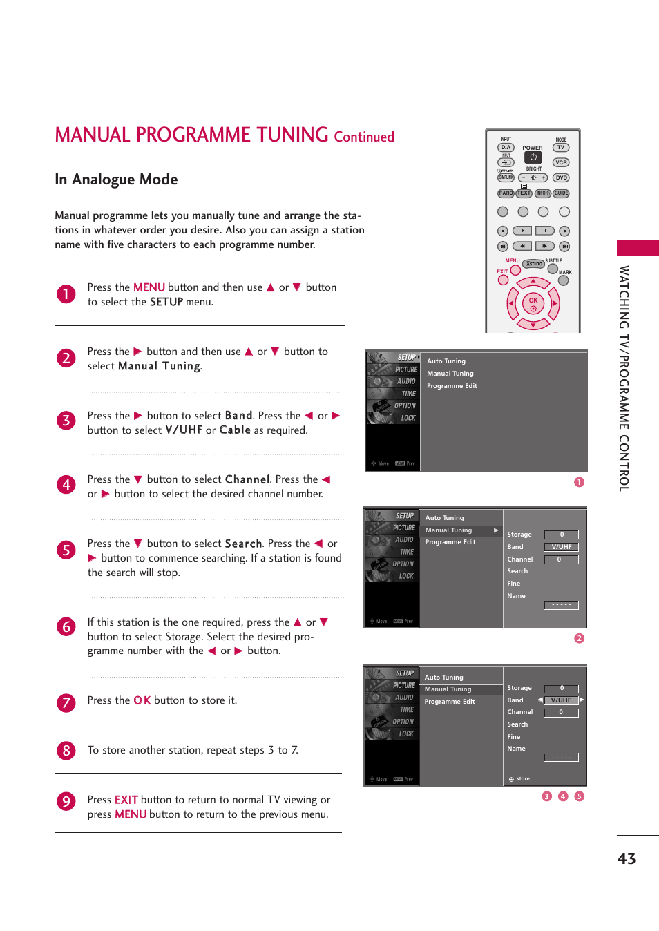 Manual programme tuning, Continued, Wa tching tv/pr ogr amme contr ol | LG 42PB4D User Manual | Page 45 / 132