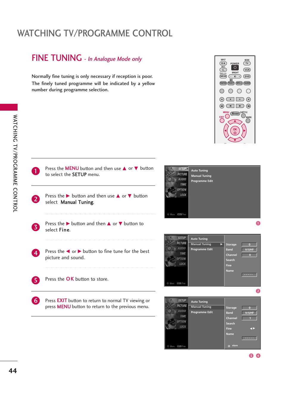 Fine tuning - in analogue mode only, Watching tv/programme control, Fine tuning | Wa tching tv/pr ogr amme contr ol | LG 42PB4D User Manual | Page 46 / 132