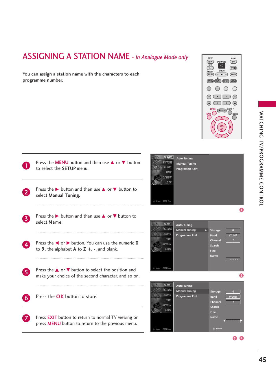 Assigning a station name - in analogue mode only, Assigning a station name, Wa tching tv/pr ogr amme contr ol | LG 42PB4D User Manual | Page 47 / 132