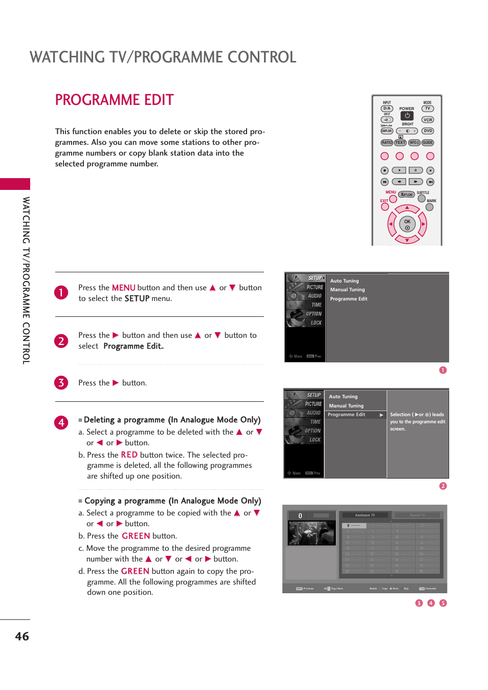 Programme edit, Watching tv/programme control, Wa tching tv/pr ogr amme contr ol | LG 42PB4D User Manual | Page 48 / 132