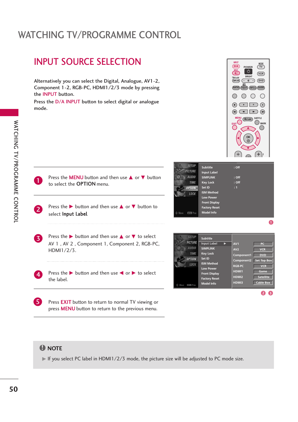 Input source selection, Watching tv/programme control, Wa tching tv/pr ogr amme contr ol | LG 42PB4D User Manual | Page 52 / 132