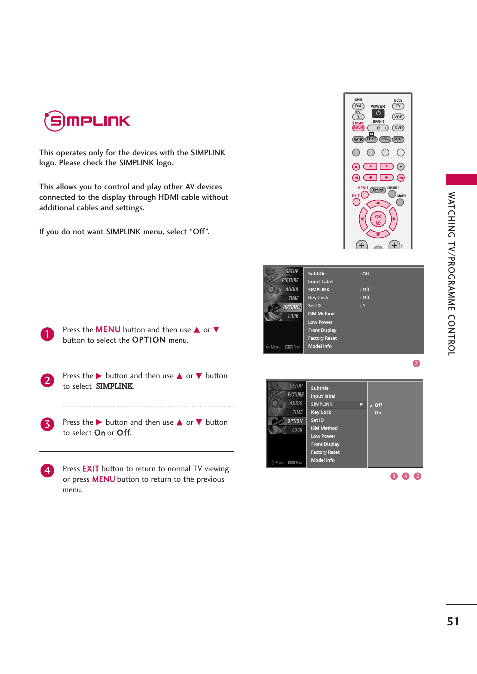 Simplink, Wa tching tv/pr ogr amme contr ol | LG 42PB4D User Manual | Page 53 / 132