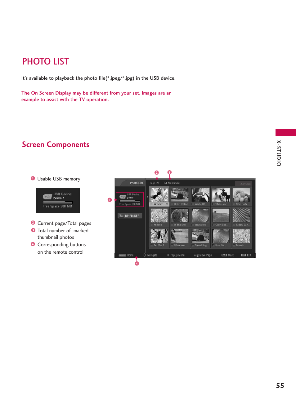Photo list, Screen components | LG 42PB4D User Manual | Page 57 / 132