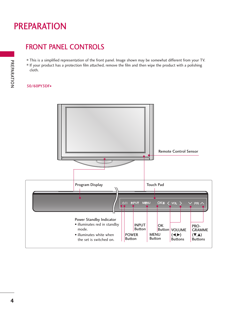 Preparation, Front panel controls, Prep ar a tion | LG 42PB4D User Manual | Page 6 / 132