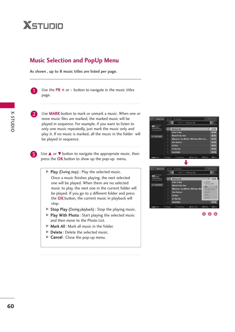 Music selection and popup menu | LG 42PB4D User Manual | Page 62 / 132