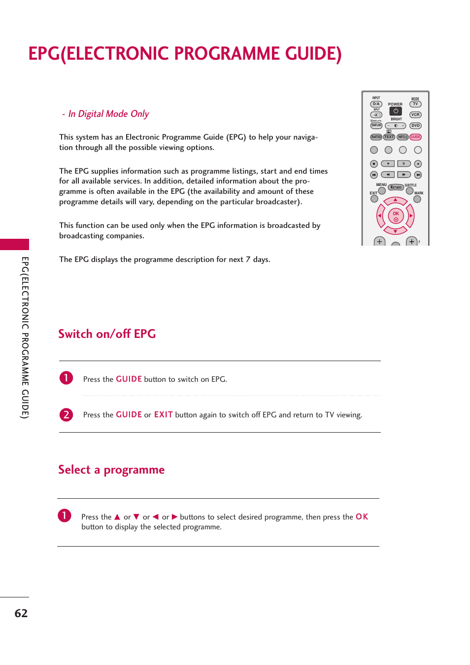 Epg(electronic programme guide), Switch on/off epg, Select a programme | Switch on/off epg select a programme, Epg(electr onic pr ogr amme guide) | LG 42PB4D User Manual | Page 64 / 132