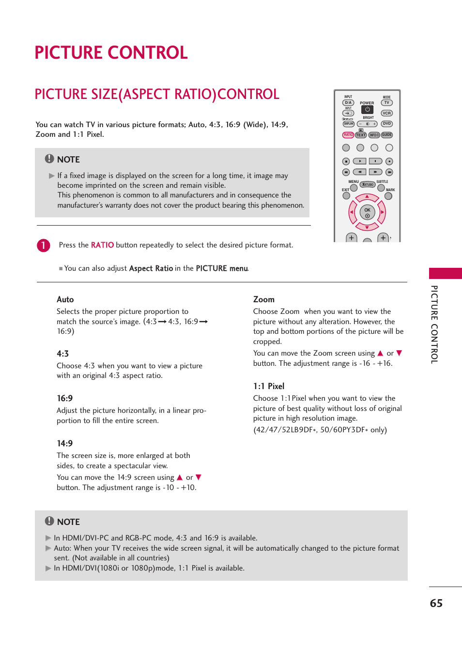 Picture control, Picture size(aspect ratio)control, Picture contr ol | Auto, Zoom, 1 pixel | LG 42PB4D User Manual | Page 67 / 132