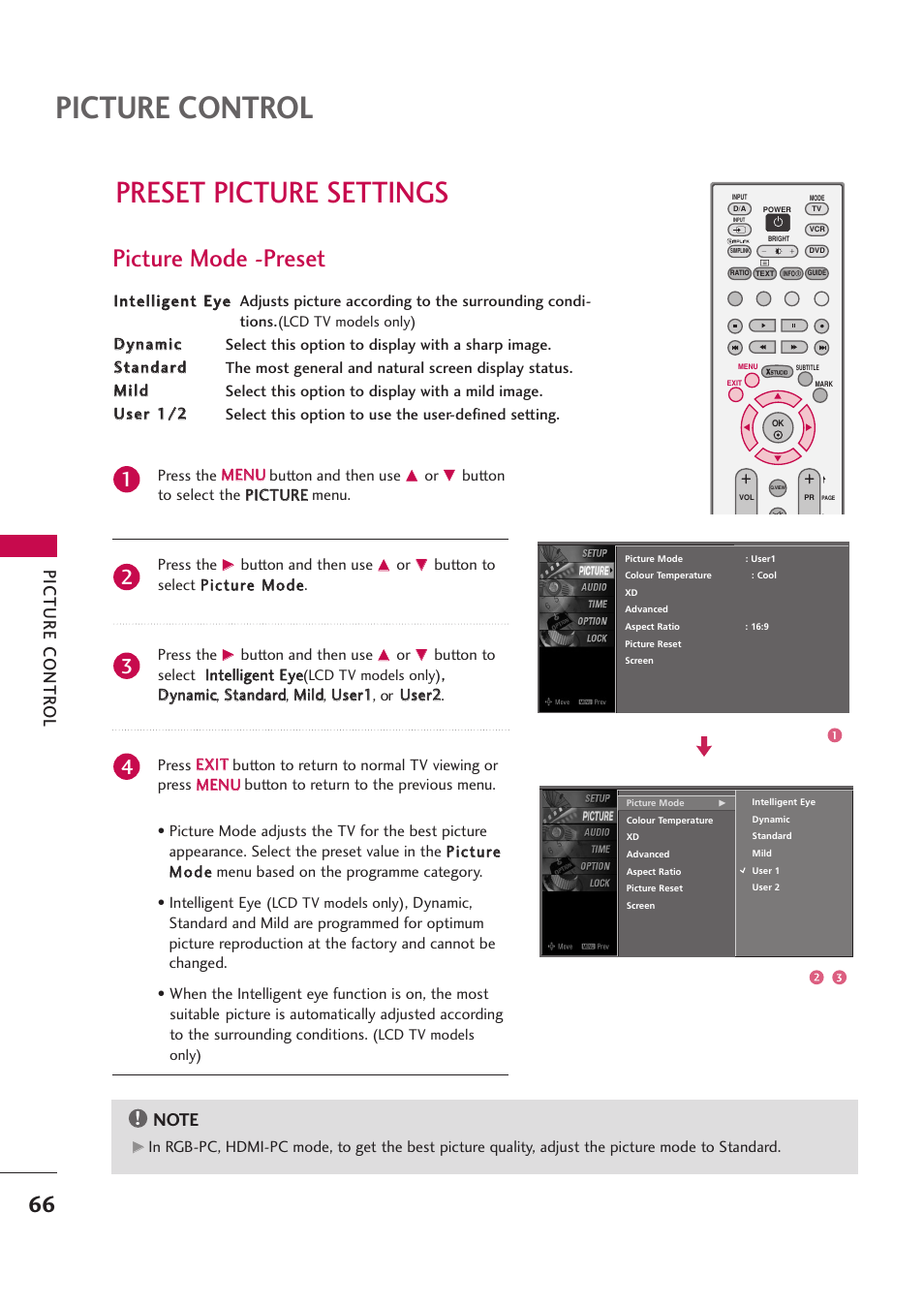 Preset picture settings, Picture control, Picture mode -preset | Picture contr ol | LG 42PB4D User Manual | Page 68 / 132