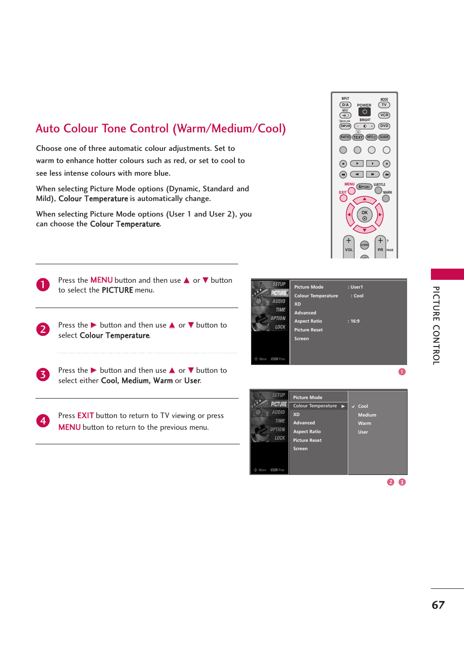Auto colour tone control (warm/medium/cool), Picture contr ol | LG 42PB4D User Manual | Page 69 / 132