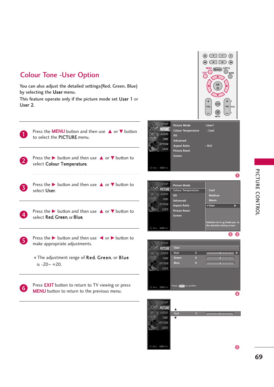 Colour tone -user option, Picture contr ol | LG 42PB4D User Manual | Page 71 / 132