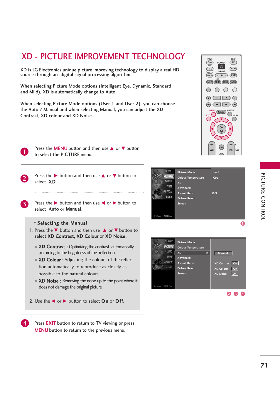 Xd - picture improvement technology, Picture contr ol | LG 42PB4D User Manual | Page 73 / 132