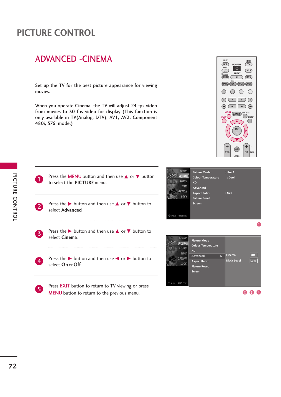 Advanced -cinema, Picture control, Picture contr ol | LG 42PB4D User Manual | Page 74 / 132