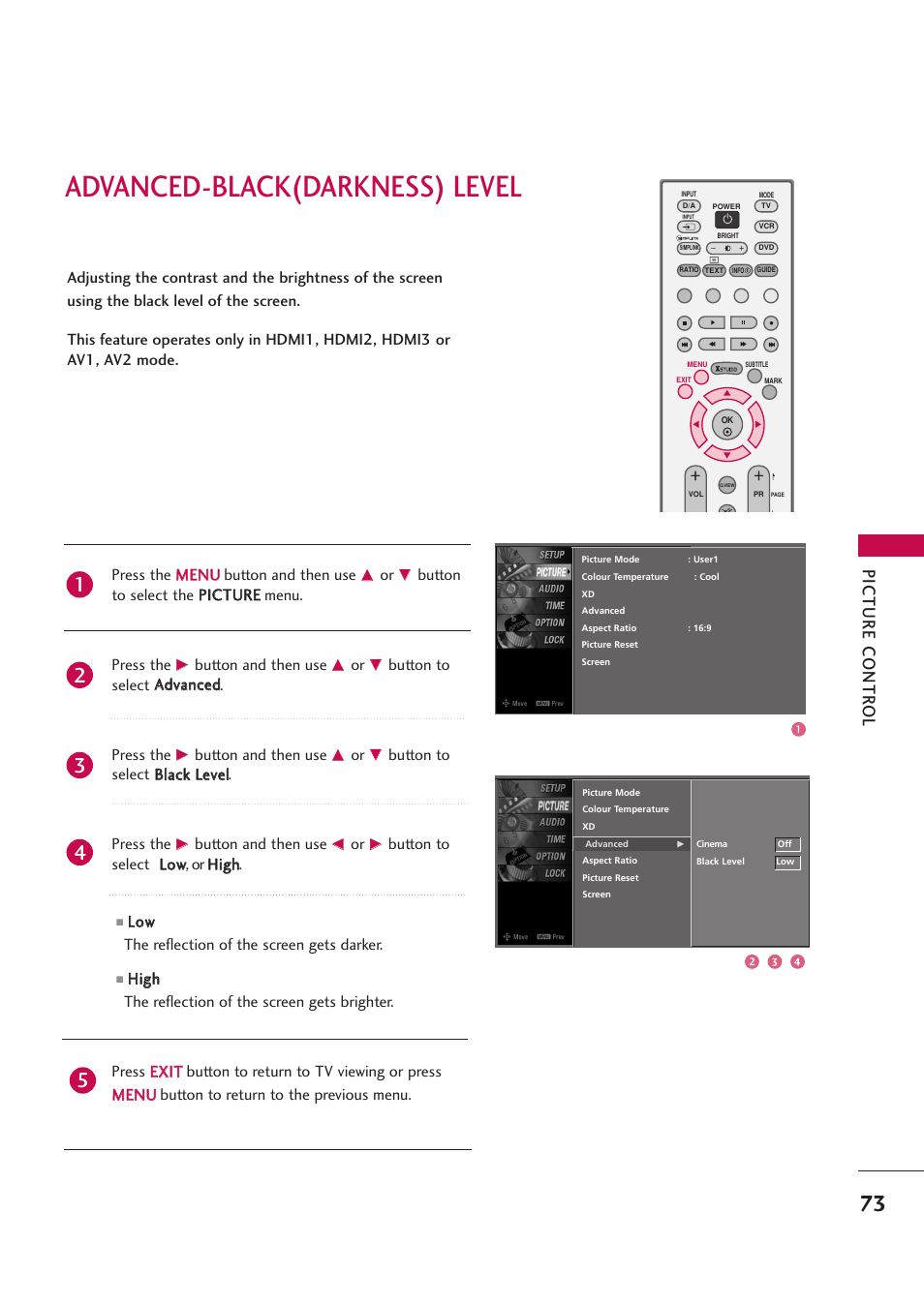 Advanced-black(darkness) level, Picture contr ol | LG 42PB4D User Manual | Page 75 / 132