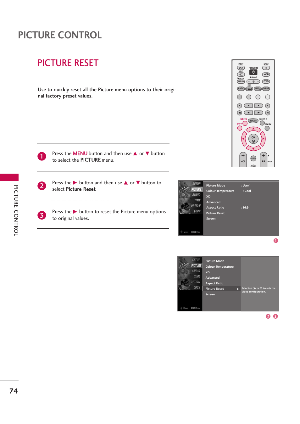 Picture reset, Picture control, Picture contr ol | Press the m me en nu u button and then use, Button and then use | LG 42PB4D User Manual | Page 76 / 132