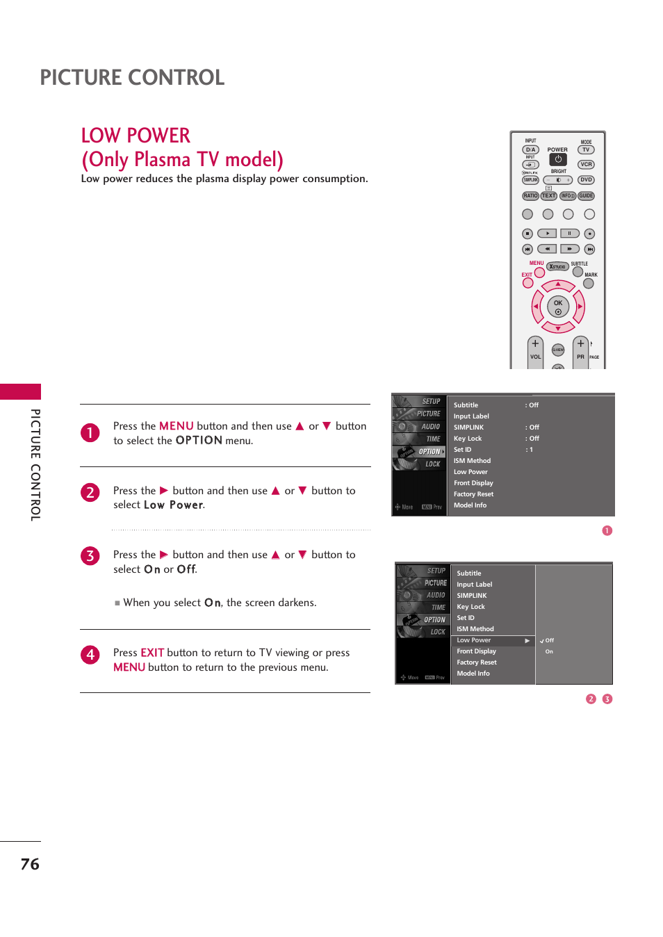 Low power(only plasma tv model), Picture control, Low power (only plasma tv model) | Picture contr ol | LG 42PB4D User Manual | Page 78 / 132