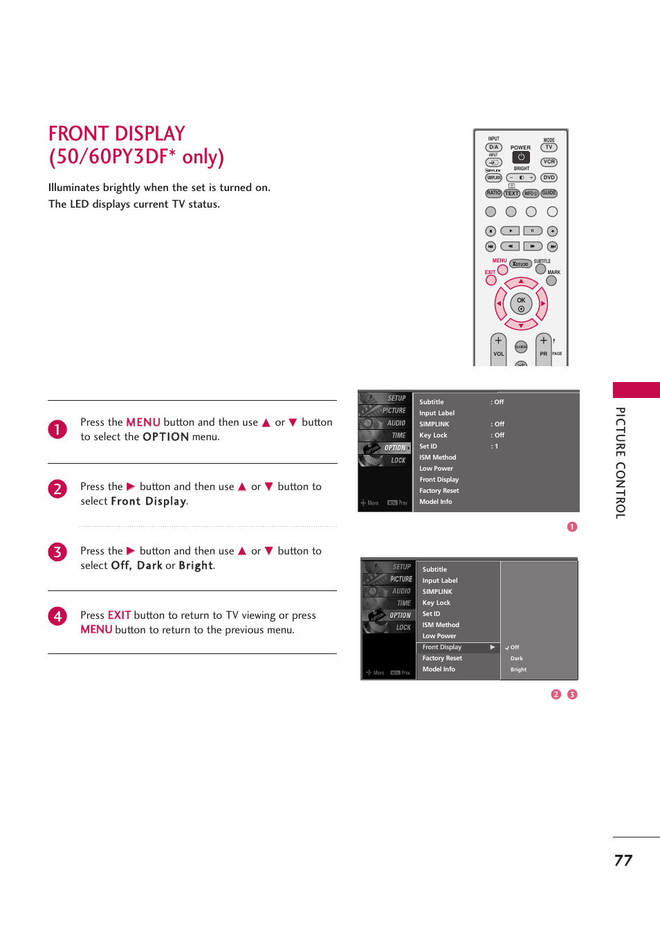 Front display(only plasma tv model), Picture contr ol | LG 42PB4D User Manual | Page 79 / 132