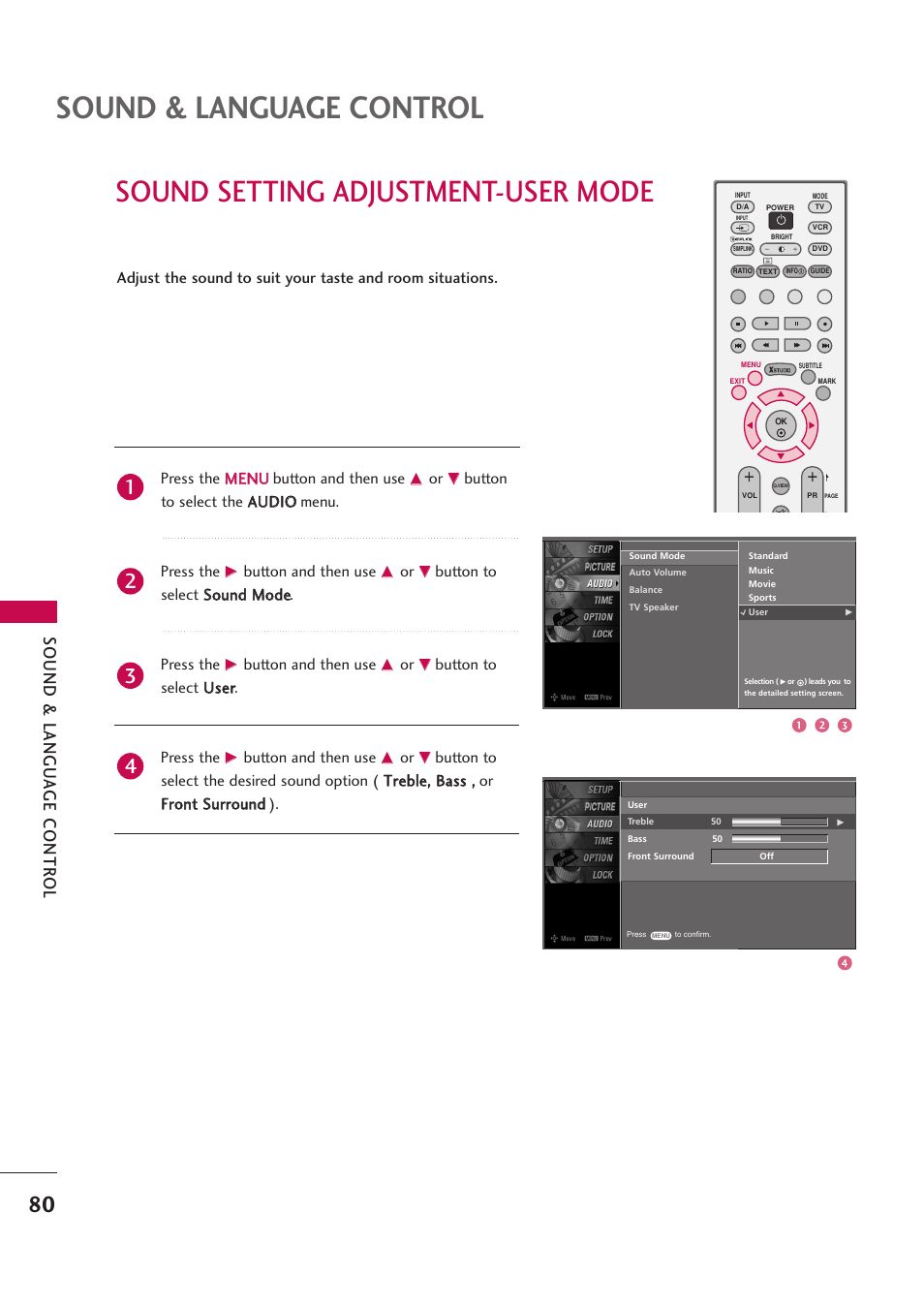 Sound setting adjustment-user mode, Sound & language control, Sound & langu a ge contr ol | LG 42PB4D User Manual | Page 82 / 132