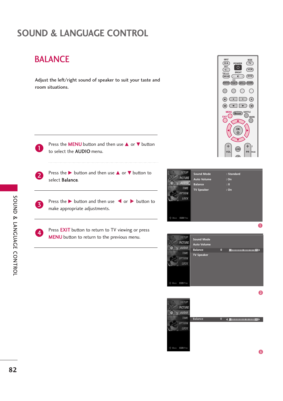 Balance, Sound & language control, Sound & langu a ge contr ol | LG 42PB4D User Manual | Page 84 / 132